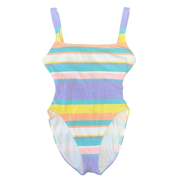 M Vintage Anne Cole Pastel Striped Cotton One Piece High Cut Low Back Swimsuit - Picture 1 of 11